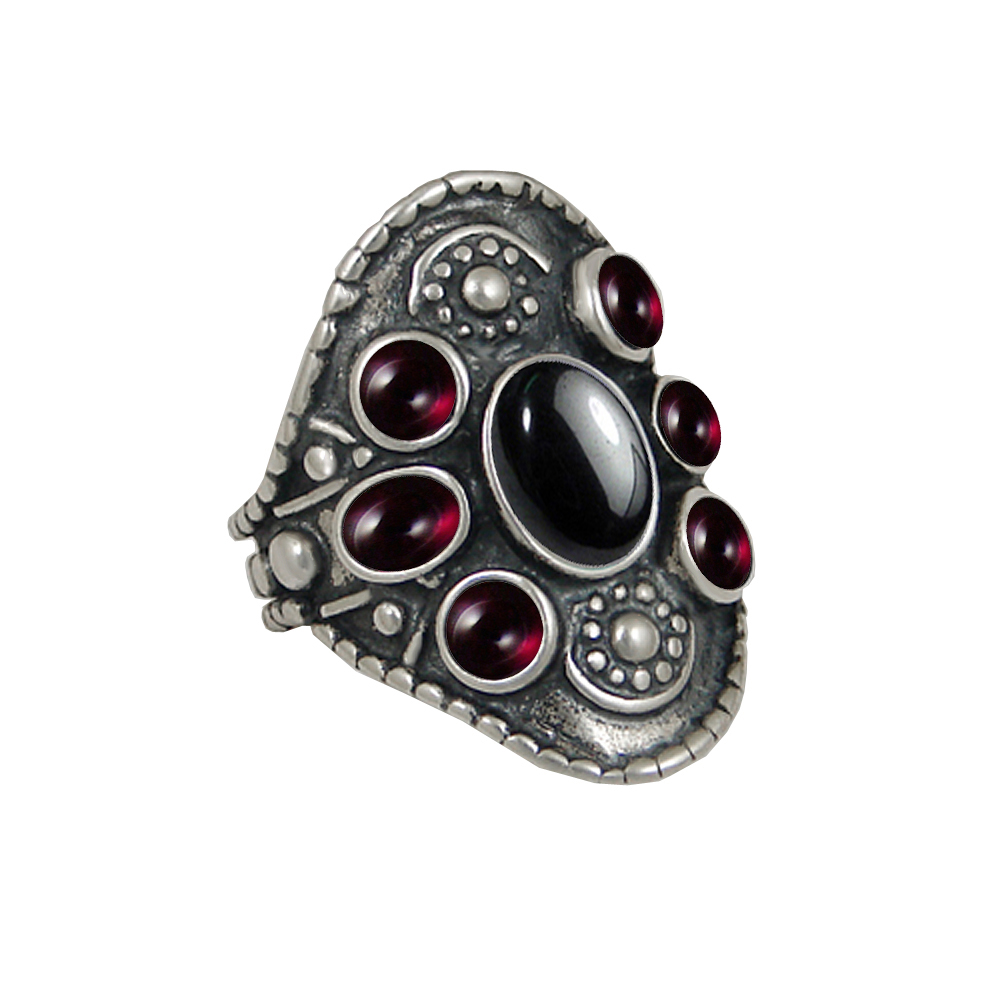 Sterling Silver High Queen's Ring With Hematite And Garnet Size 7